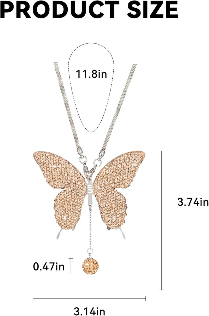 Couslcd Bling Butterfly Diamond Car Accessories, Crystal Car Rear View Mirror Charms for Women, Auto Decoration Lucky Hanging Interior Crystal Ornament Pendant Decor for All Cars (Peach) - Image 2